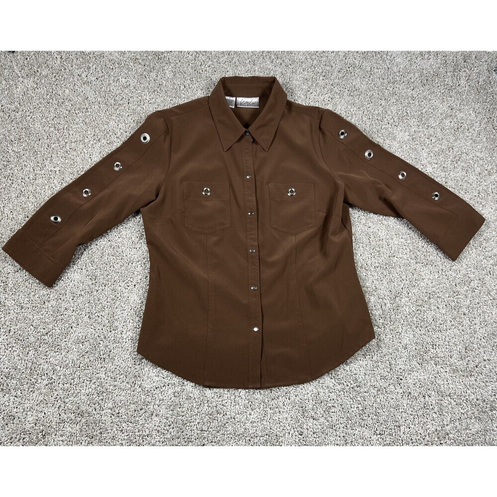 Cathy Chew Stretch Brown Grommet Button Front Shirt Womens Size 8